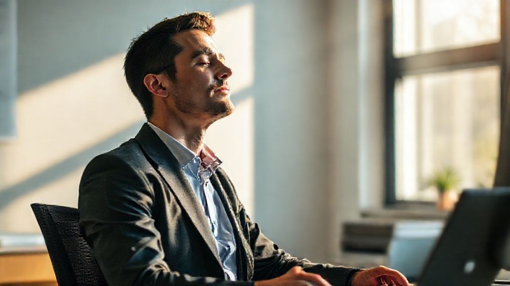 Person practicing 1 minute guided meditation at their desk for instant calm