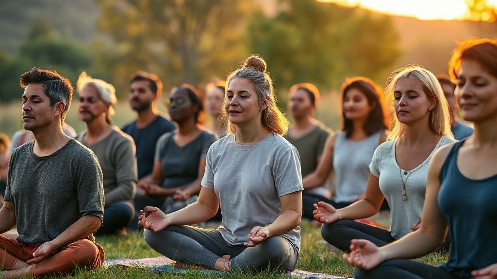 Άνθρωποι που βιώνουν τα 10 οφέλη της ενσυνειδητότητας μέσω της ομαδικής πρακτικής διαλογισμού στη φύση