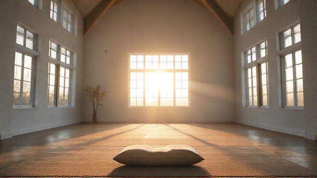 A peaceful meditation hall at a 10 day silent retreat center at sunrise.