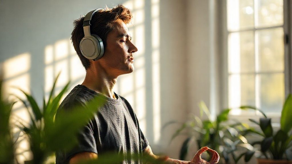 Person experiencing calm with 10 min meditation music and headphones in peaceful setting