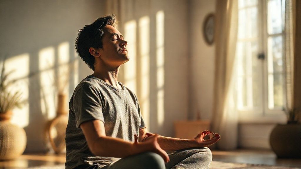 A person practicing a 10 minute breathing meditation in a calm, sunlit room.