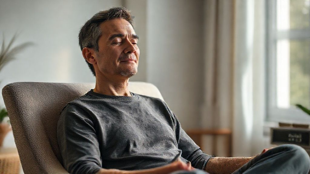 A person practicing a 10 minute calming meditation in a comfortable chair at home.