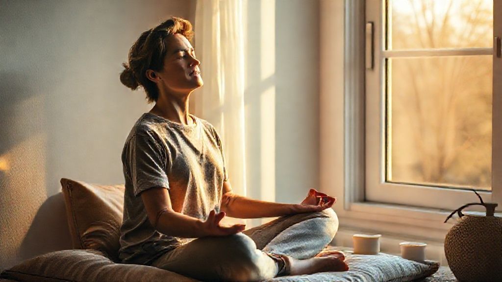 A person practicing a peaceful 5 min meditation morning routine in soft sunlight.