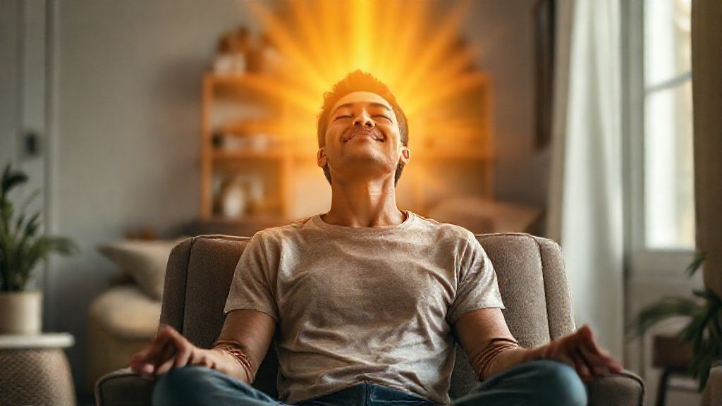 Person practicing a 5 minute meditation for positive energy with golden light visualization in a serene home setting.