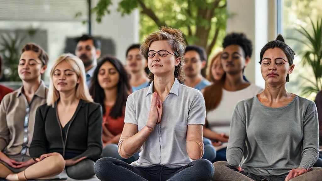 People practicing various 5 minute mindfulness activities in different environments