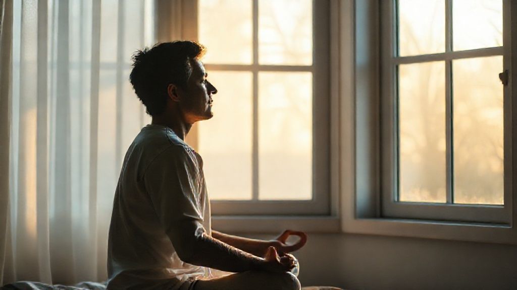 Person practicing 7 minute guided meditation in peaceful morning setting