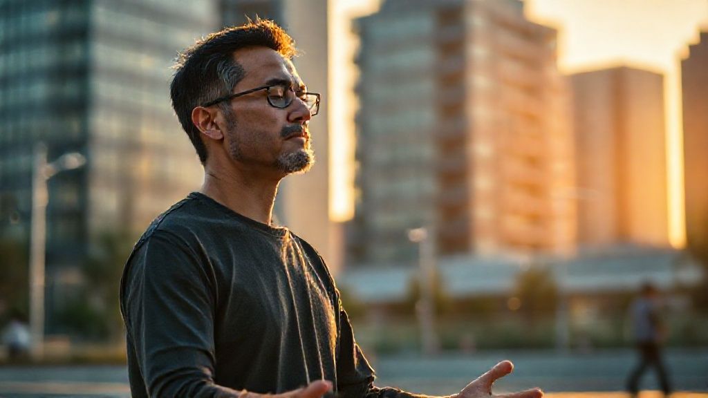 Personne pratiquant des stratégies avancées de pleine conscience quotidienne en milieu urbain