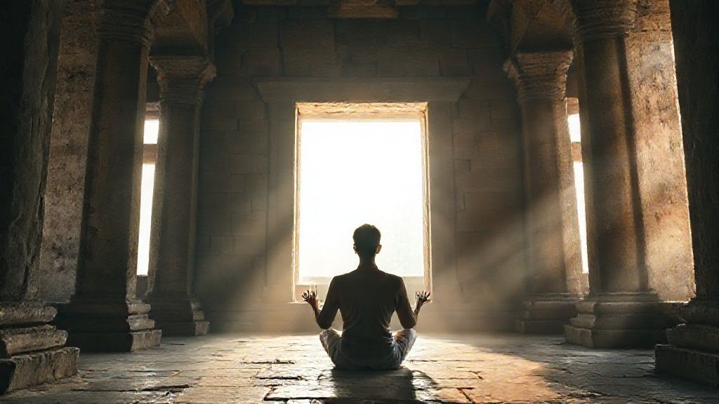 Ancient meditation methods practiced in a serene temple setting with soft natural light