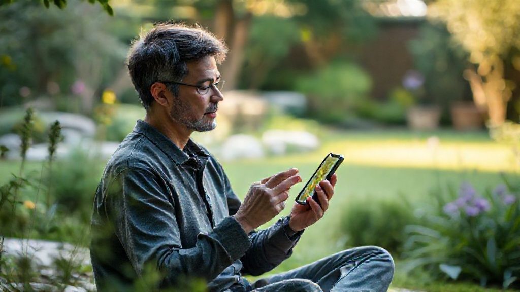 Woman using mental health app on phone in serene garden setting for mindfulness practice