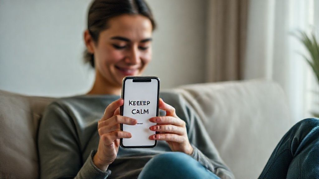 A person finding peace using the app keep calm on their smartphone.