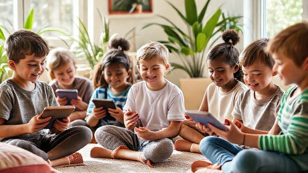 Children using the best meditation app for kids in a calm, sunny room