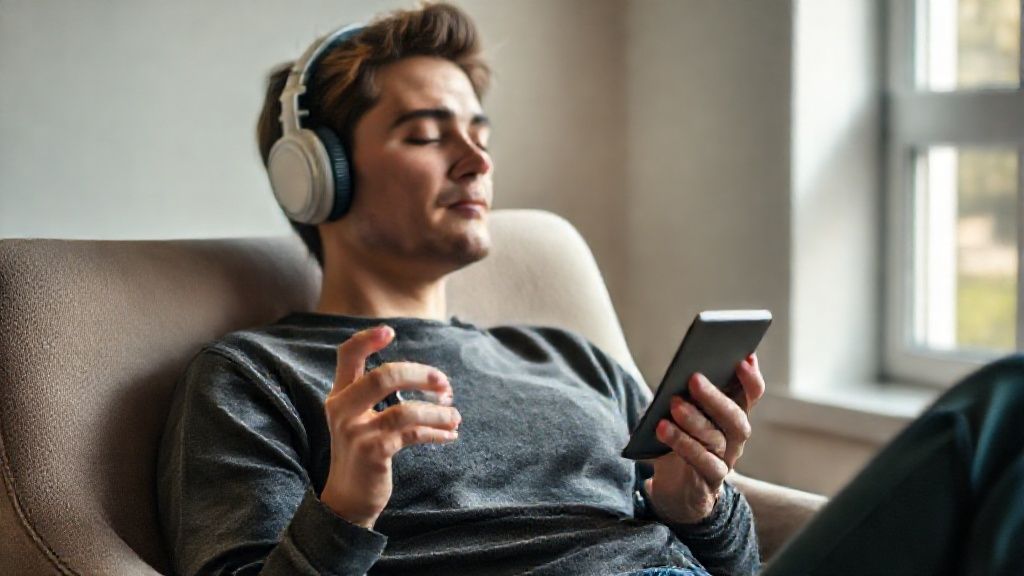 Person enjoying the best meditation podcast spotify with wireless headphones in serene setting