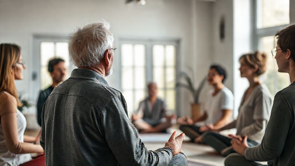 Bob Roth teaching transcendental meditation to students in a serene environment