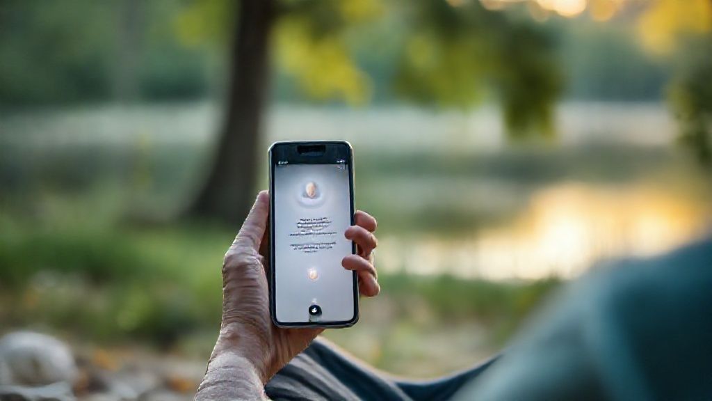 Person using a breath meditation app in a peaceful outdoor setting for mindfulness practice