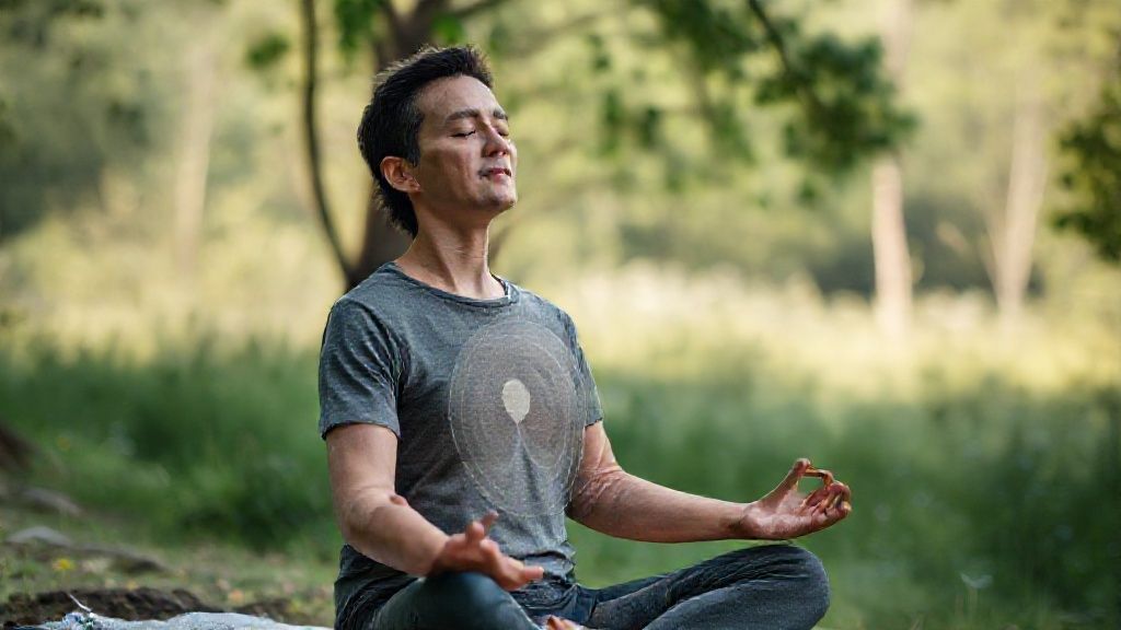 Person practicing breath regulation technique in peaceful natural setting
