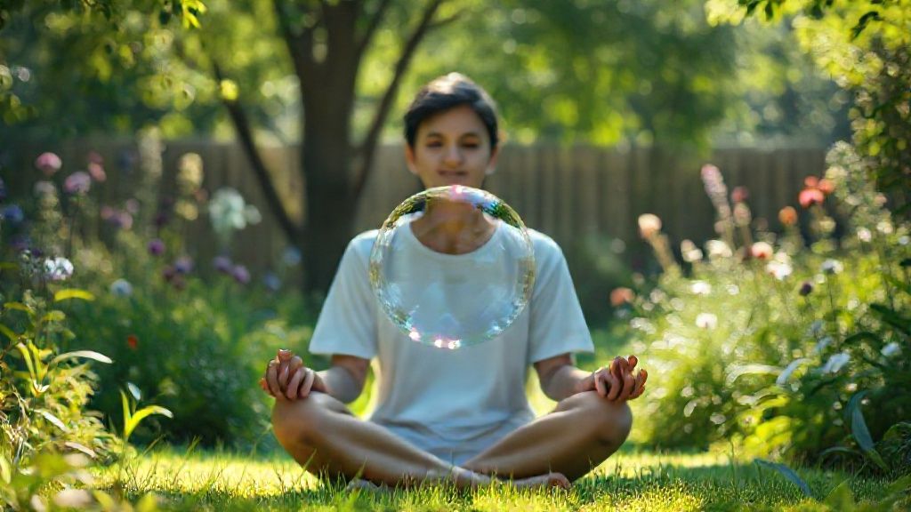 A person practicing bubble meditation, focusing on a shimmering bubble in a tranquil garden.