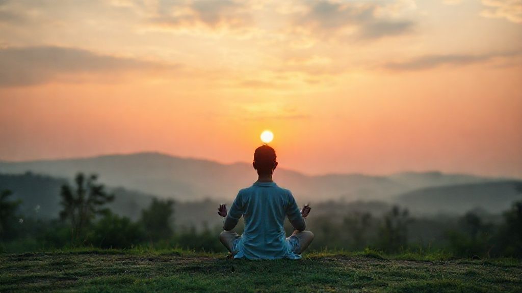 Person practicing Buddhism and mindfulness meditation at sunrise in nature