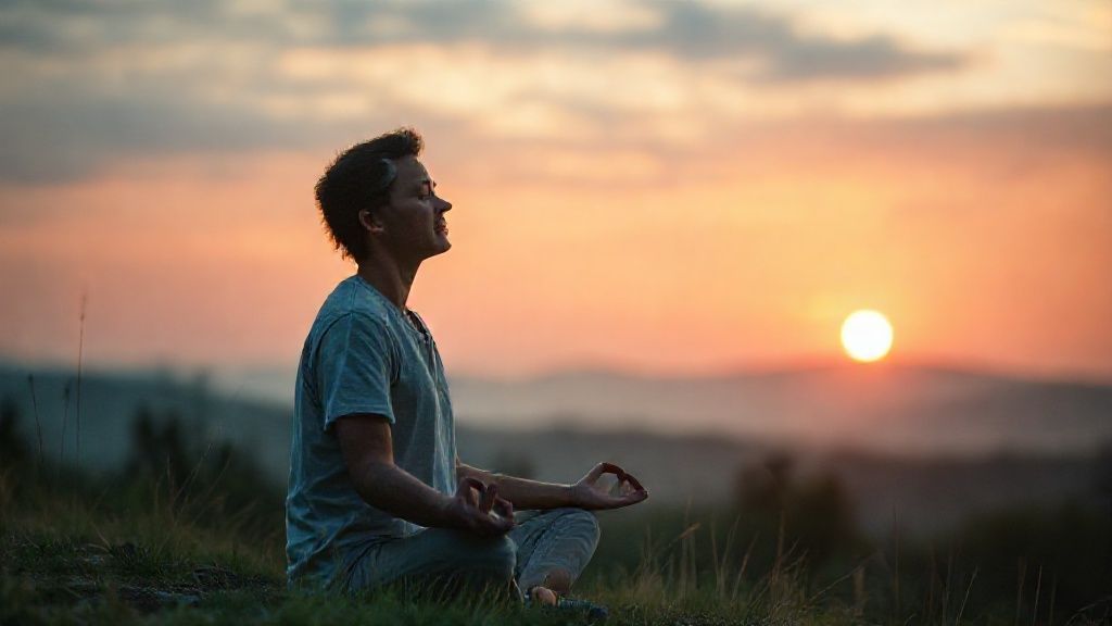 Asmuo, pasiekiamas ramybės protą per meditaciją saulėtekį