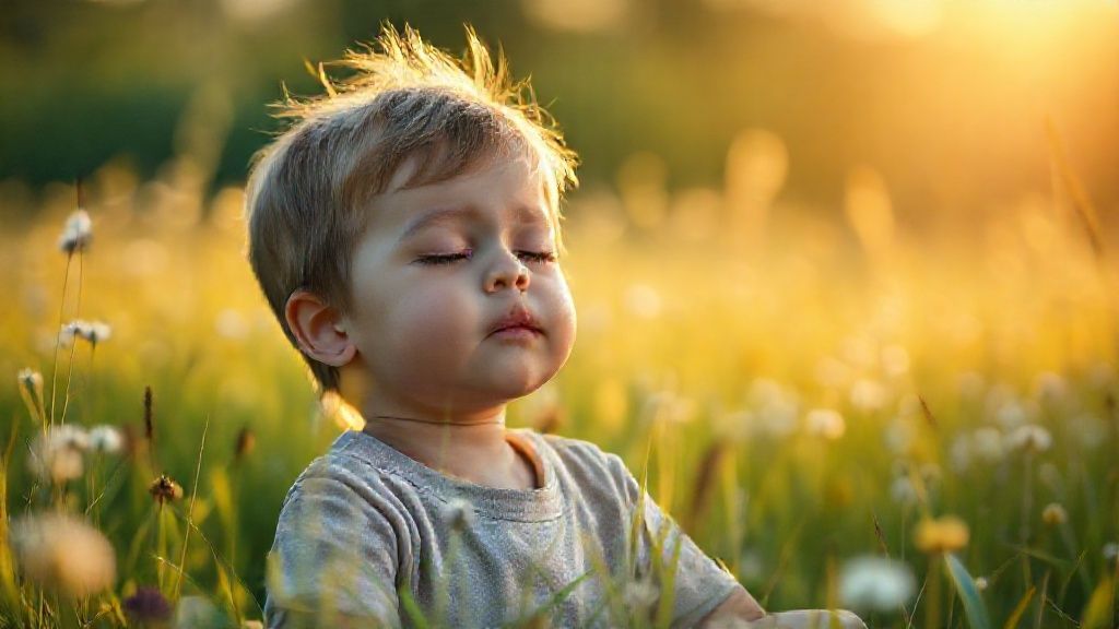 A child practicing meditation peacefully in a natural setting