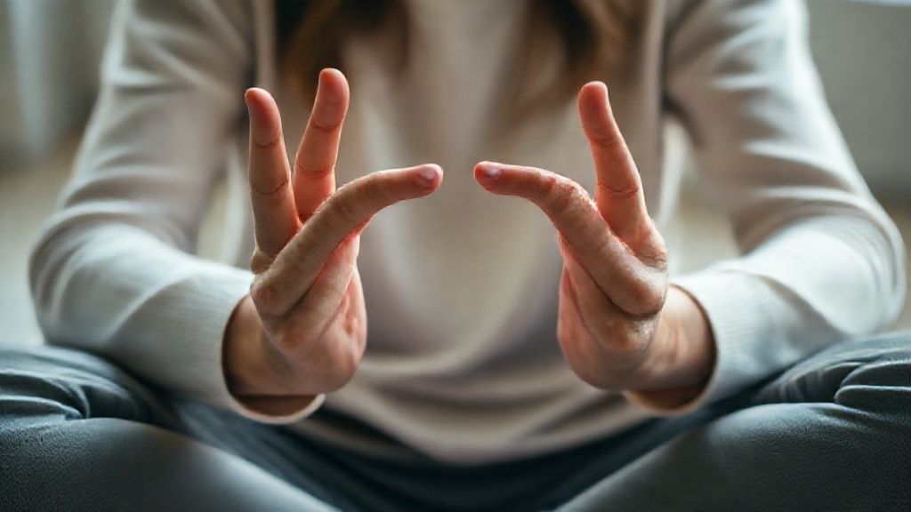 Die Hände einer Person demonstrieren die präzise Formation der Kosmischen Mudra-Meditationshandstellung.