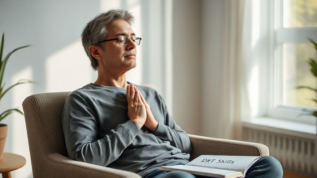Une personne pratiquant des techniques de relaxation TCD, se concentrant sur la respiration rythmée dans un cadre calme.