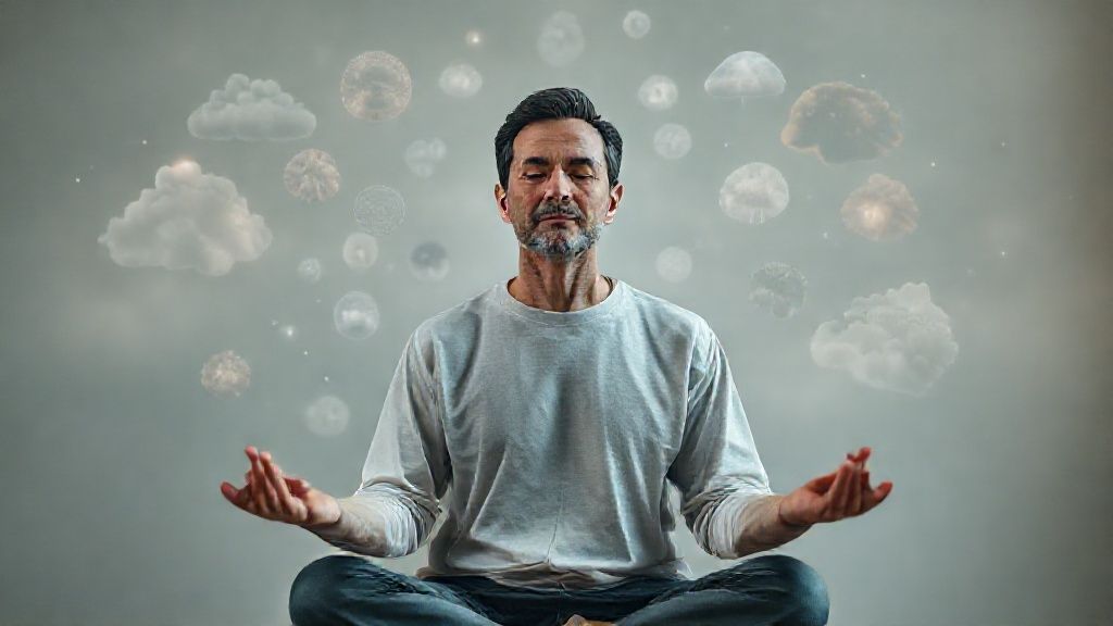 Person practicing Dr K meditation with visual metaphor of observing thoughts and emotions