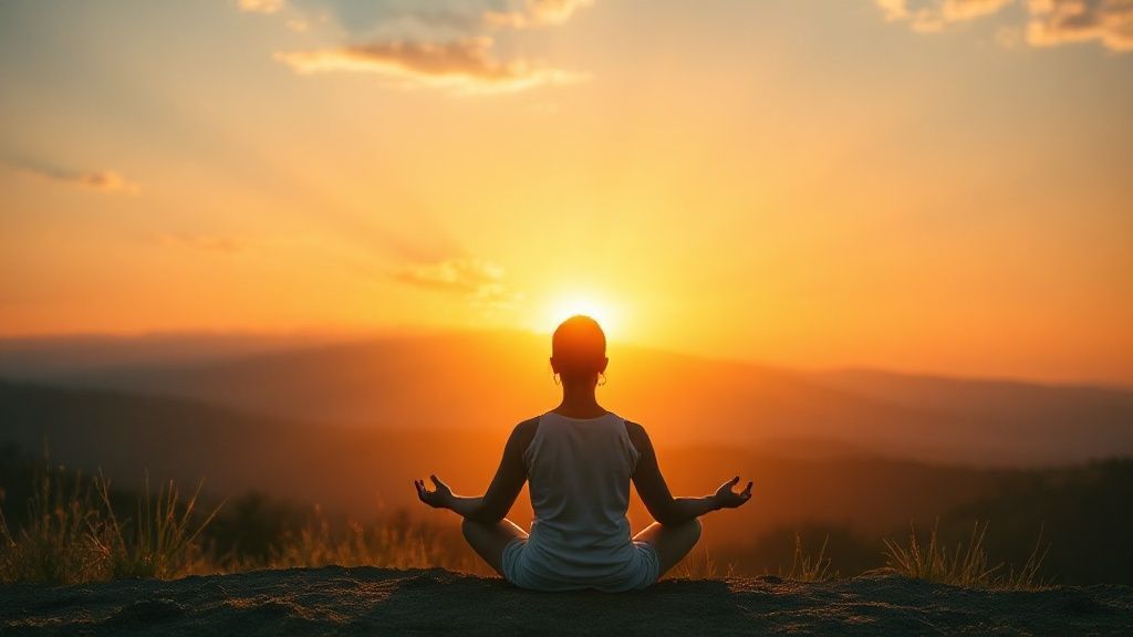 Person practicing energizing meditation at sunrise with golden light