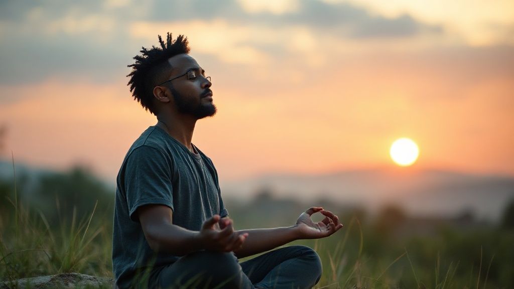 Person practicing free meditation course in peaceful natural setting