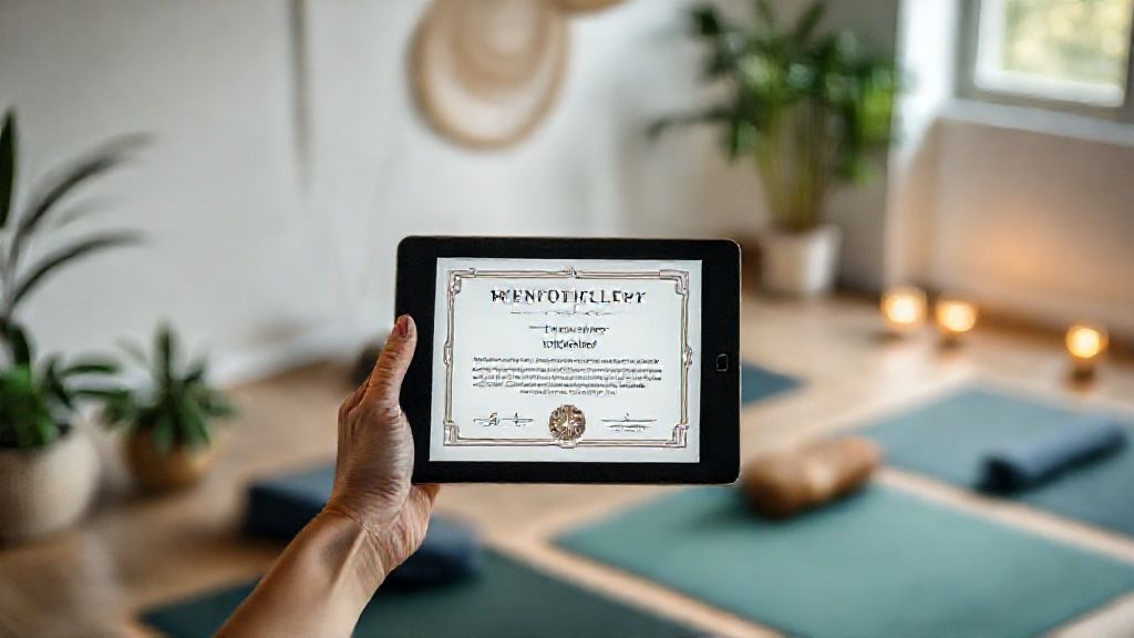 Free mindfulness certification displayed on tablet in serene meditation space