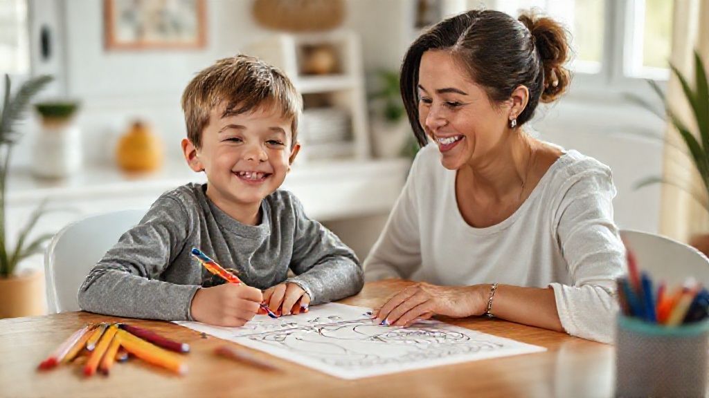 Rodič a dítě používají kvalitní cvičení všímavosti pro šestileté, vytištěné materiály pro rodiče, u sluncem zalitého stolu.