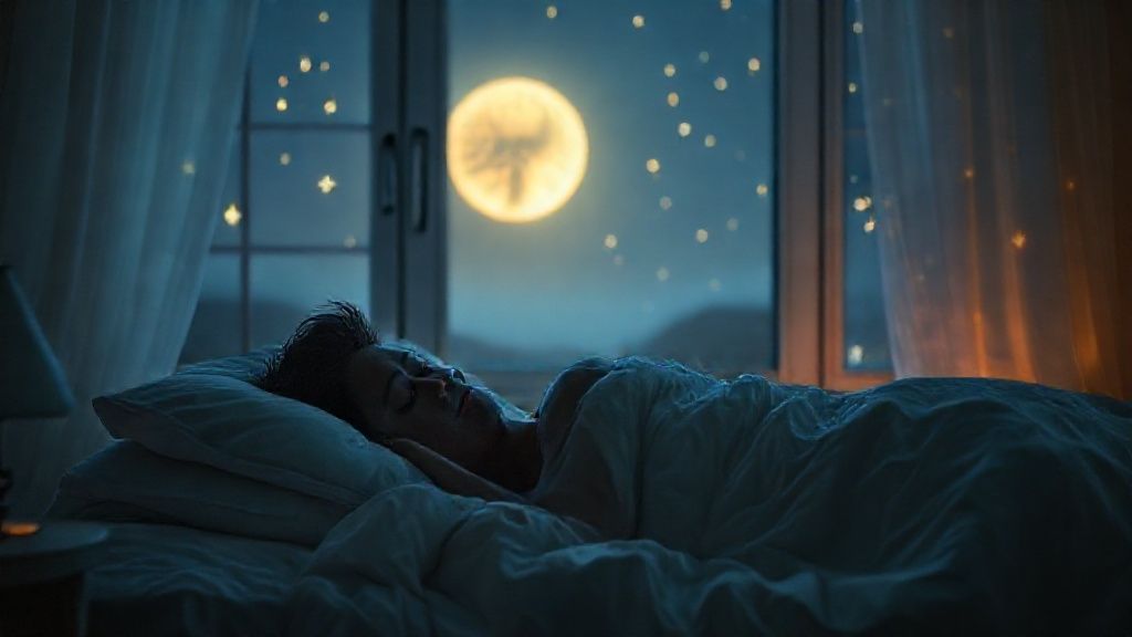 Guided imagery for sleep visualization of person resting peacefully in moonlit bedroom