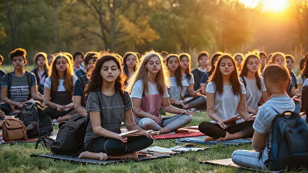 Diverse high school students practicing guided meditation together in peaceful outdoor setting