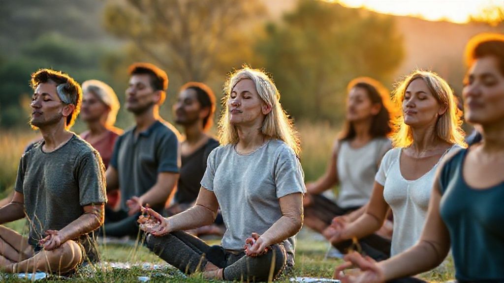 Diverse group practicing guided meditation for stress in peaceful natural setting