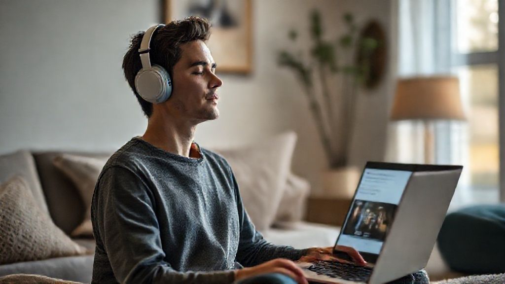 Person downloading guided meditation mp3 for peaceful practice at home