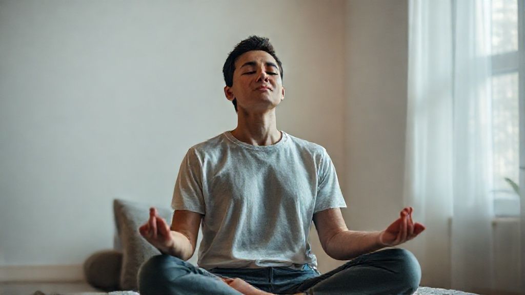 Person using a guided meditation script for relaxation in a peaceful setting