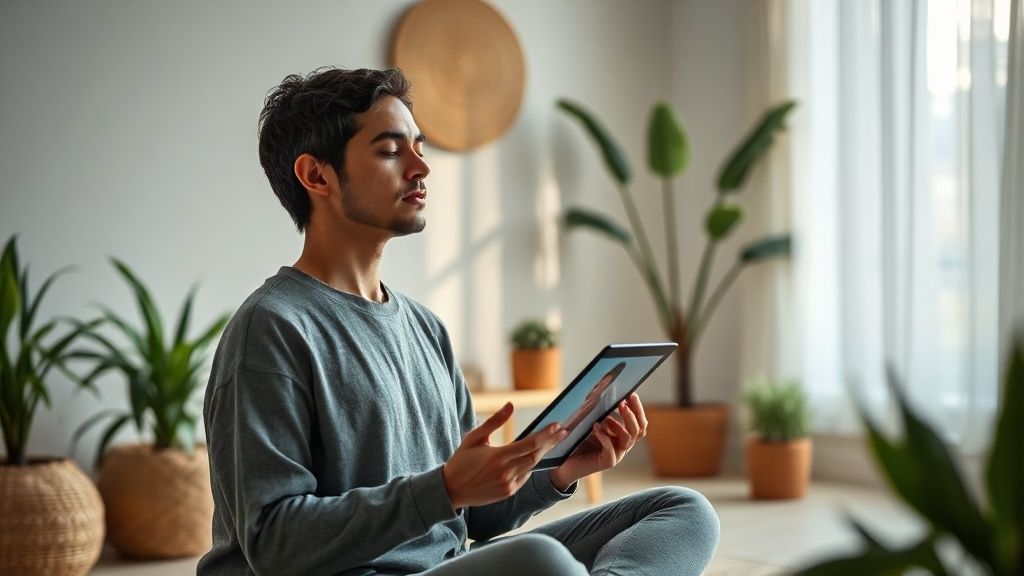 Person practicing mindfulness with guided meditation videos on tablet in peaceful setting
