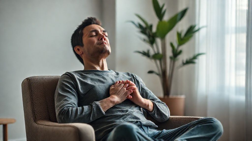 A person practicing a breathing exercise to relax their mind in a calm, serene setting.