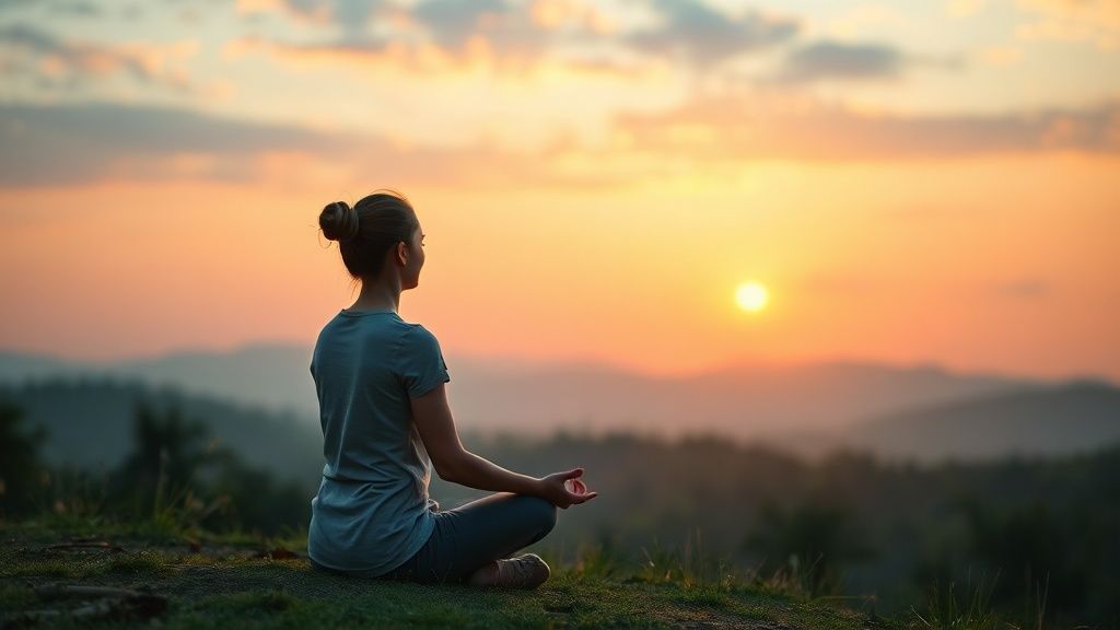 Person practicing how to be zen through meditation in peaceful natural setting at sunrise