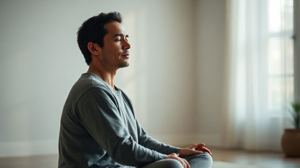 A person practicing intro to mindfulness meditation in a calm, serene setting