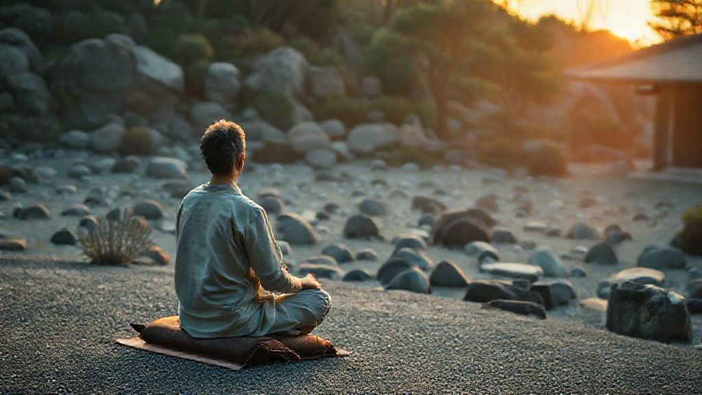 A person practicing traditional Japanese Zazen meditation in a serene garden