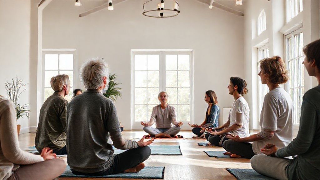 Jon Kabat-Zinn teaching mindfulness for beginners in a group meditation setting