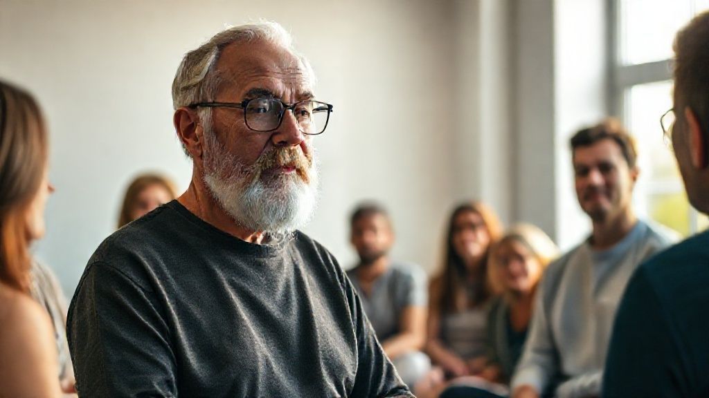 Jon Kabat-Zinn teaching a mindfulness and MBSR class to a group of students.