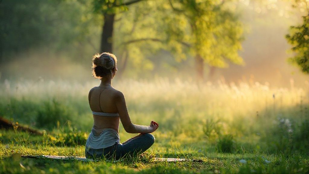 Vrouw die meditatieve yoga beoefent in een rustige natuurlijke omgeving met zachte verlichting
