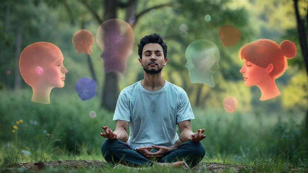 A person practicing meditation and emotions balance in a peaceful natural environment.
