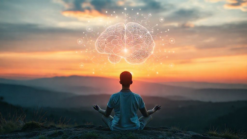Person practicing meditation and mind control with visualization of organized thoughts