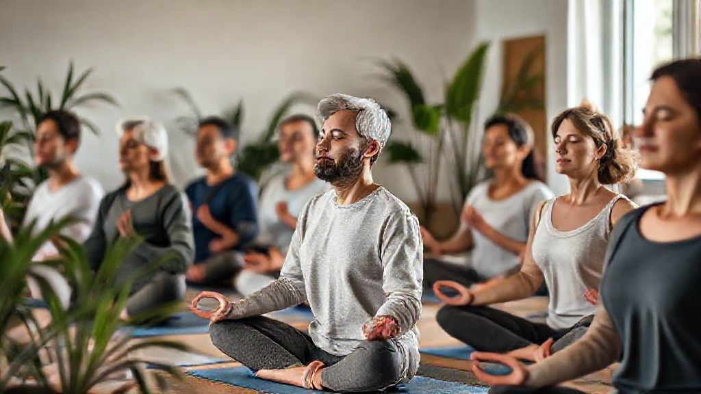 Diverse group participating in beginner meditation classes in a peaceful studio setting