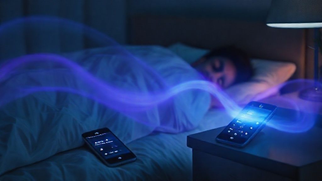 A person experiencing deep, healing sleep with meditation music playing, showing serene relaxation and ethereal sound waves.