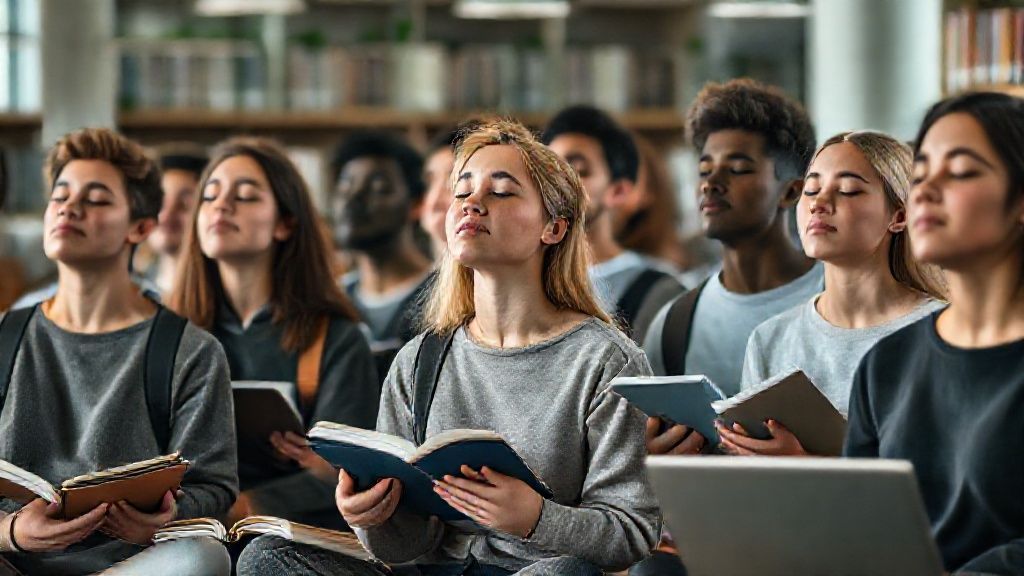 Diverse group of students practicing a mindful minute for focus and calm in a library setting