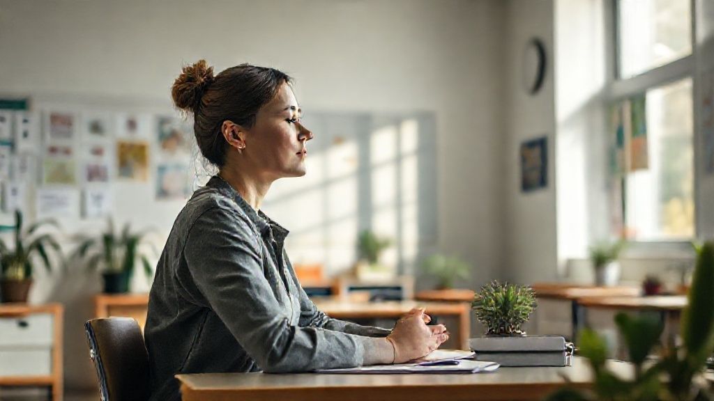 Enseignant pratiquant des activités de pleine conscience à son bureau en classe