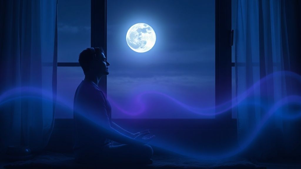 Person practicing night meditation music with headphones in a peaceful bedroom setting